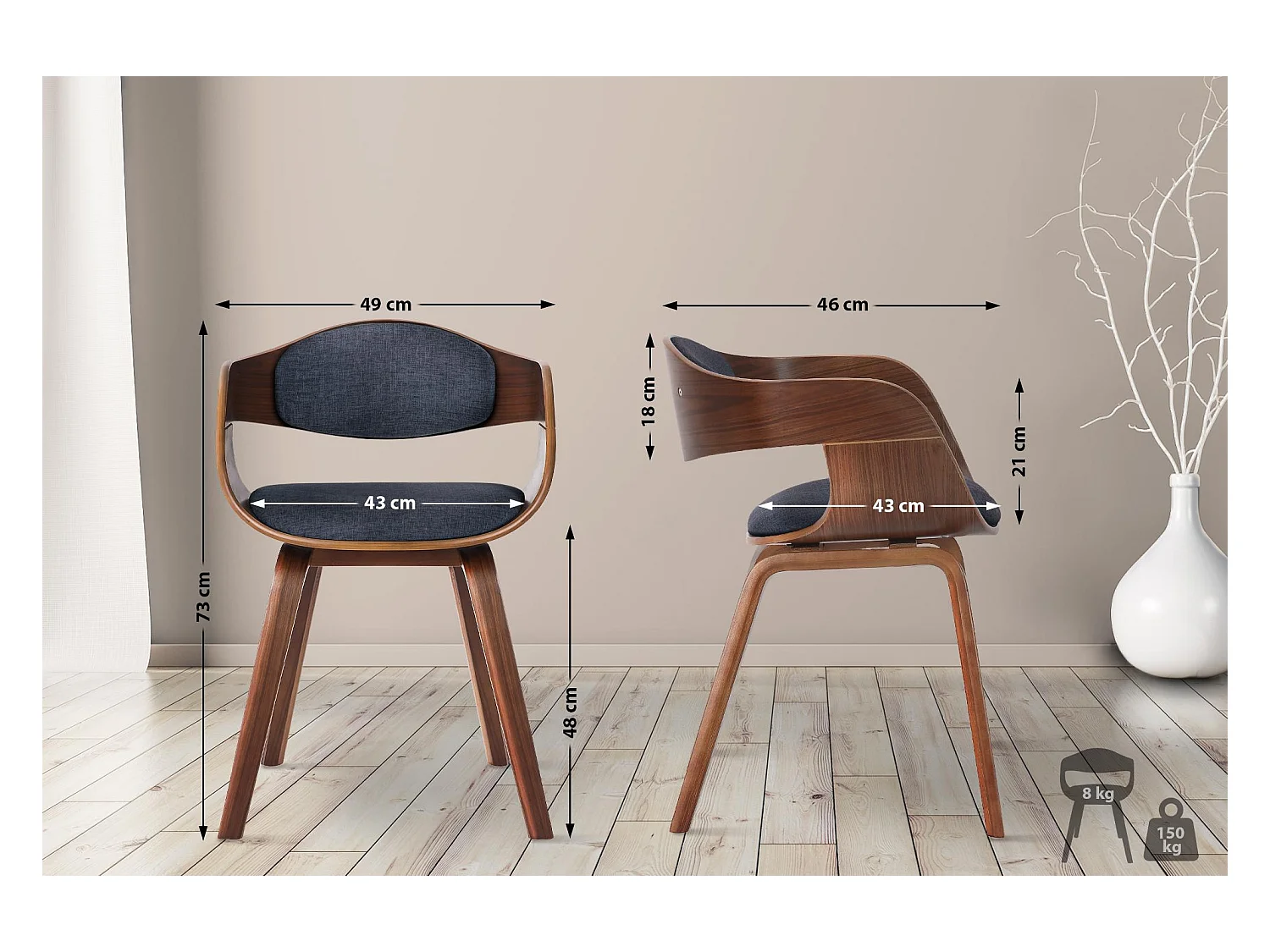 Lot de 2  chaises avec accoudoirs - Tissu - Noyer / Bleu - Kingston