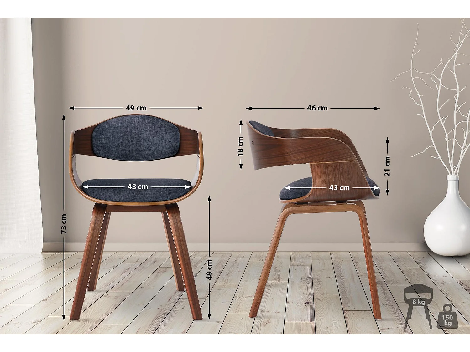 Lot de 2  chaises avec accoudoirs - Tissu - Noyer / Bleu - Kingston