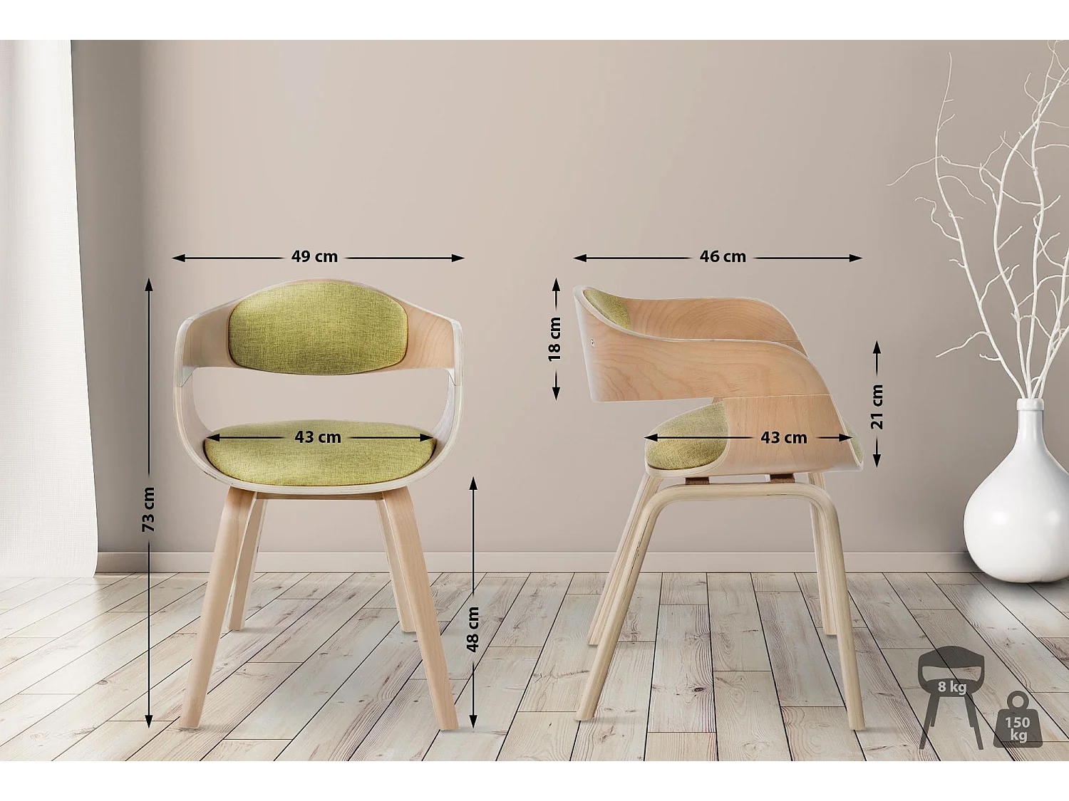 Lot de 2  chaises avec accoudoirs - Tissu - Nature / Vert clair - Kingston
