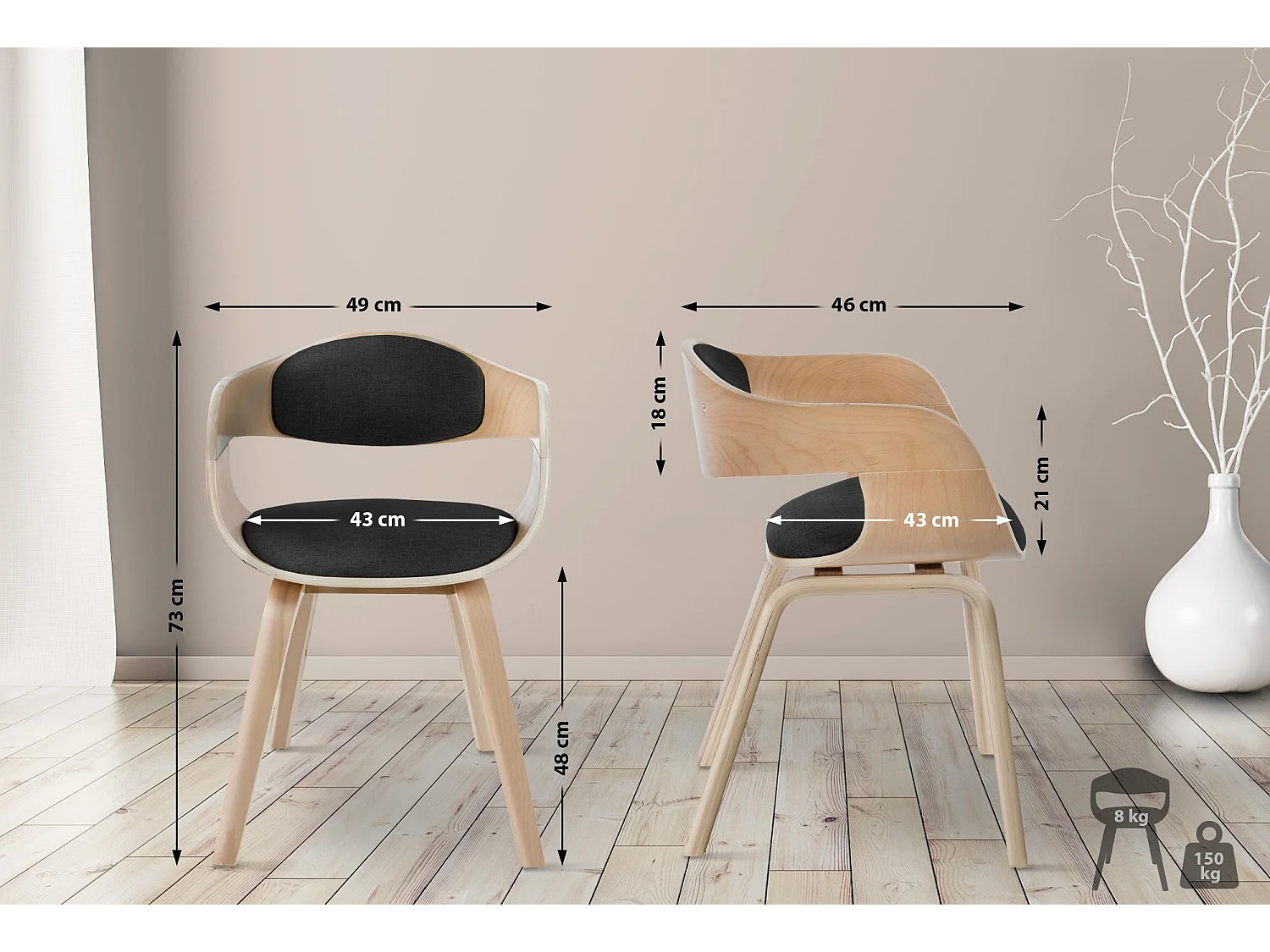 Lot de 2  chaises avec accoudoirs - Tissu - Nature / Gris foncé - Kingston