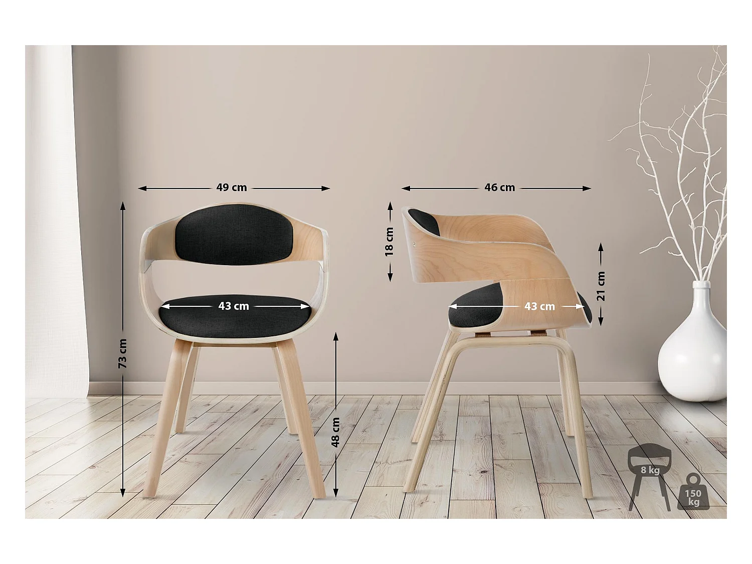 Lot de 2  chaises avec accoudoirs - Tissu - Nature / Noir - Kingston