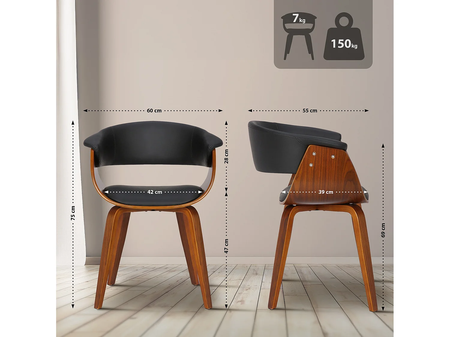 chaise salle à manger - Similicuir & Chrome - Noir - Bruce