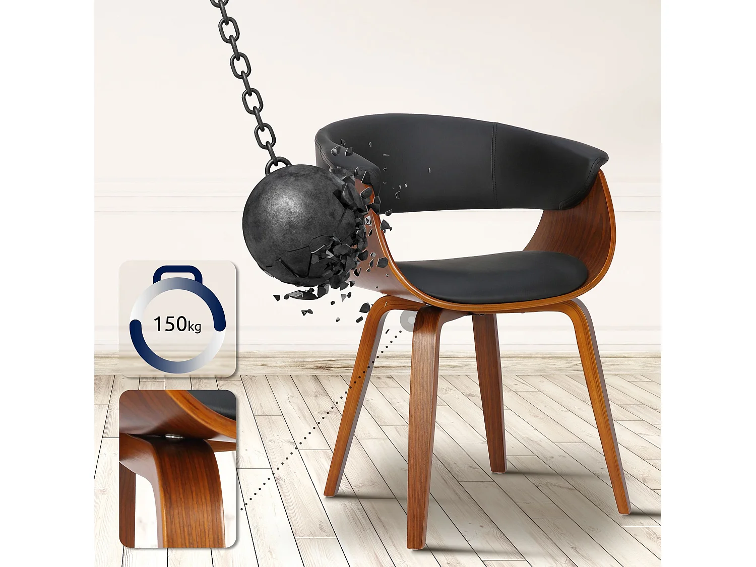 chaise salle à manger - Similicuir & Chrome - Noir - Bruce