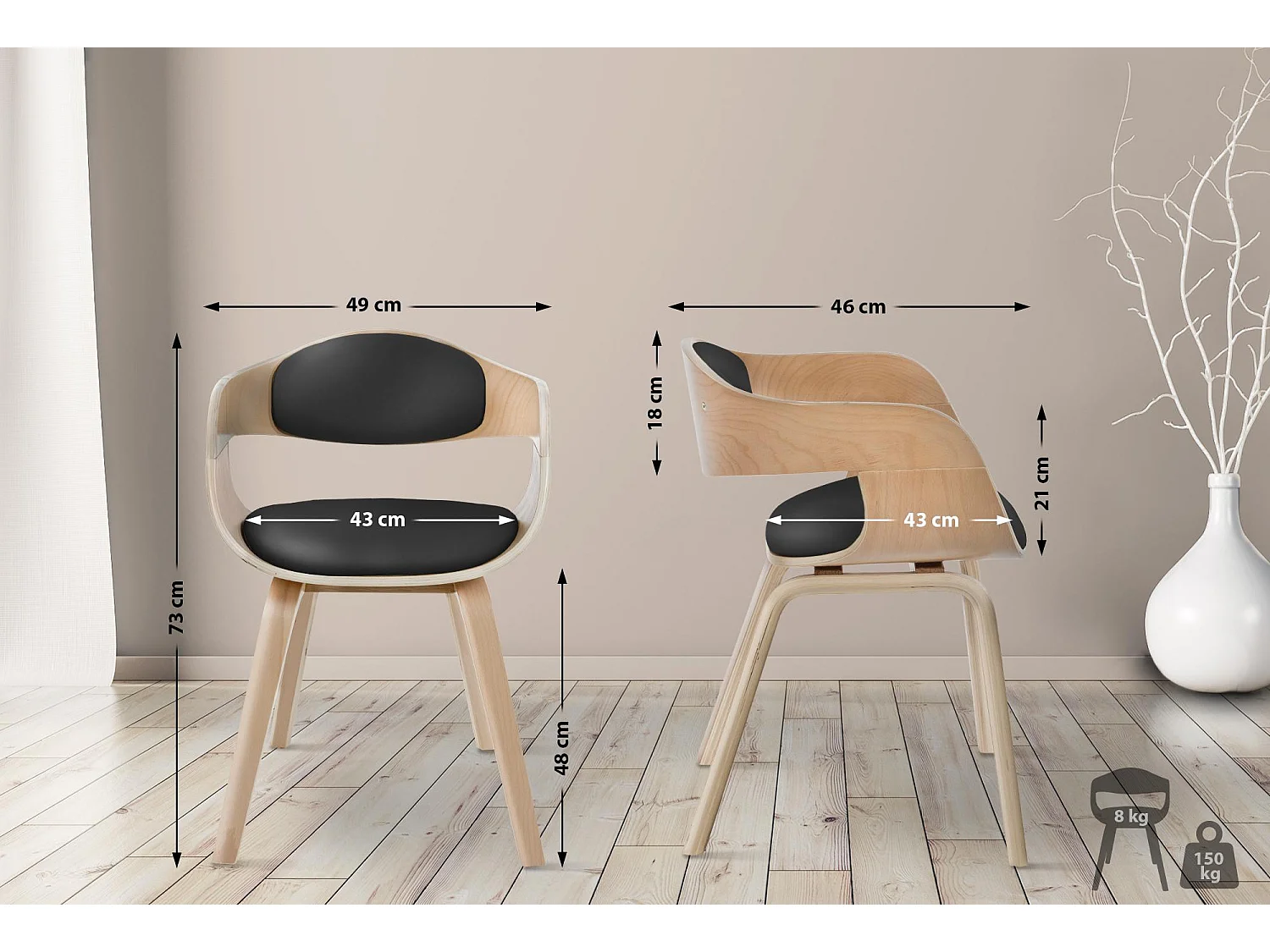 Lot de 2  chaises avec accoudoirs - Similicuir - Nature / Noir - Kingston