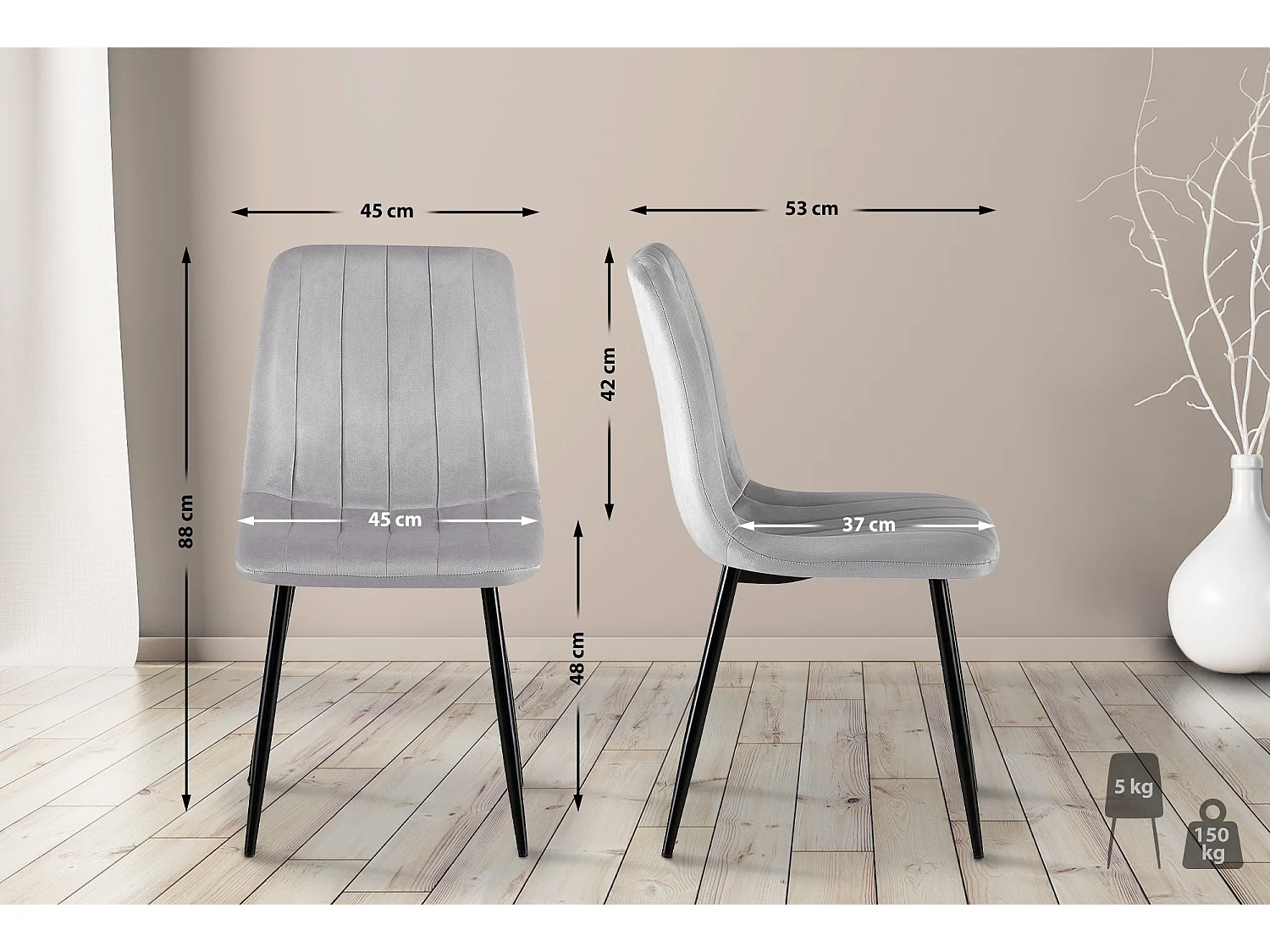 Lot de 4  chaise salle à manger - Velours - Gris - Dijon