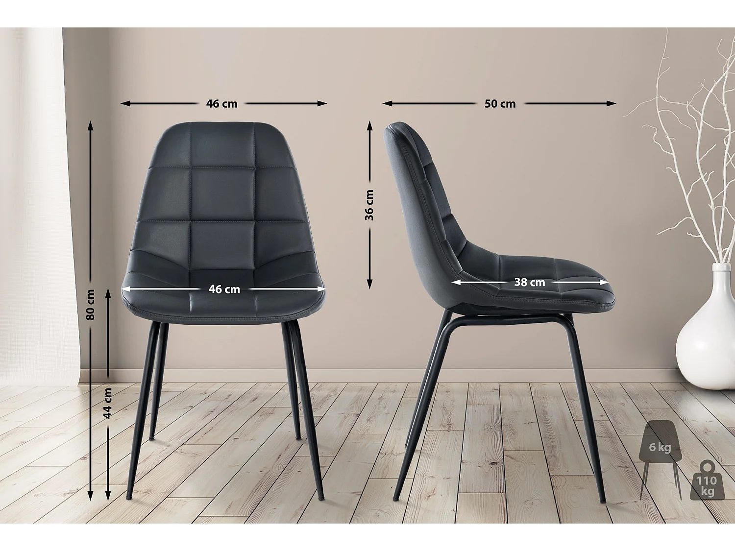 Chaise de salle à manger - Similicuir & Métal noir mat - Gris - Tom