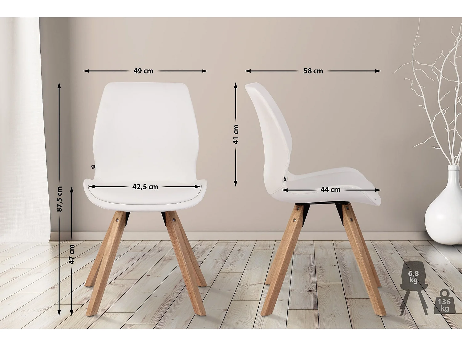 Set van 4  Eetkamerstoelen - Kunstleer - wit - Luna