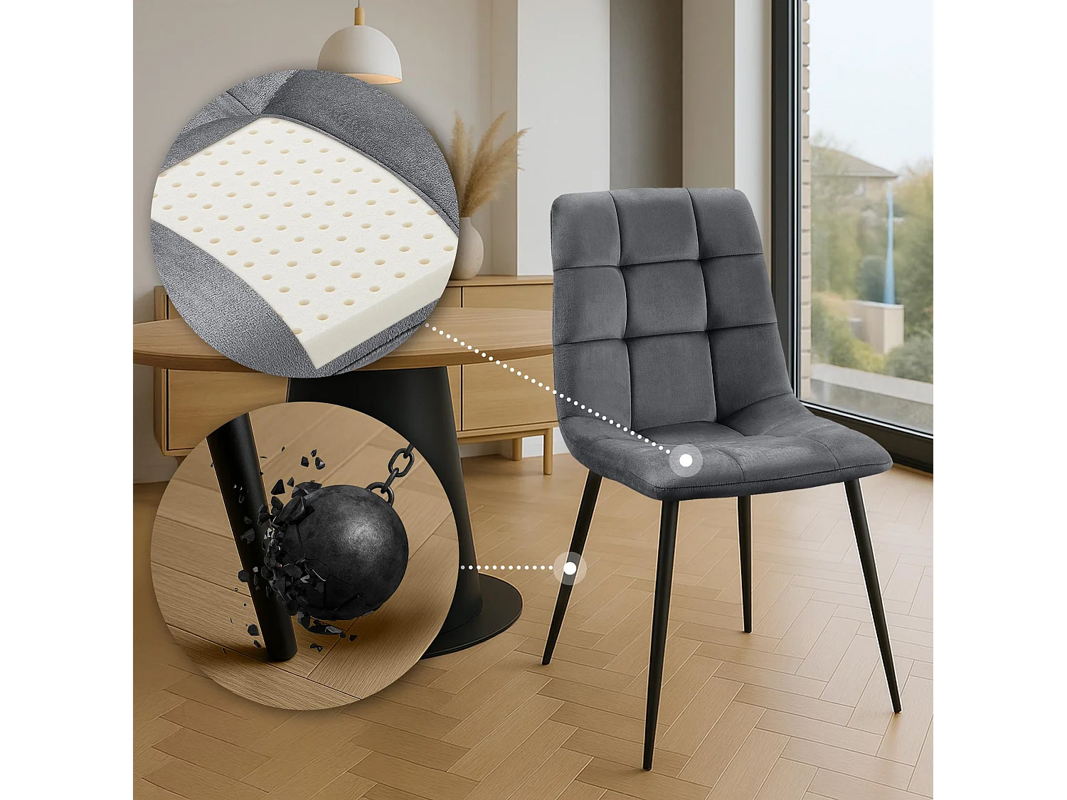 Lot de 4  chaise salle à manger - Velours - Gris foncé - Antibes