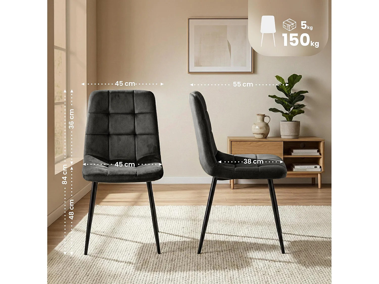 Lot de 4  chaise salle à manger - Velours - Gris foncé - Antibes