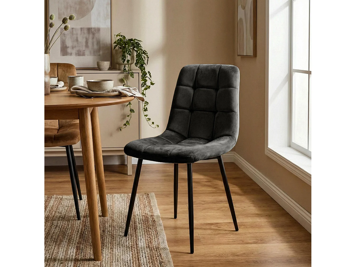 Lot de 4  chaise salle à manger - Velours - Gris foncé - Antibes