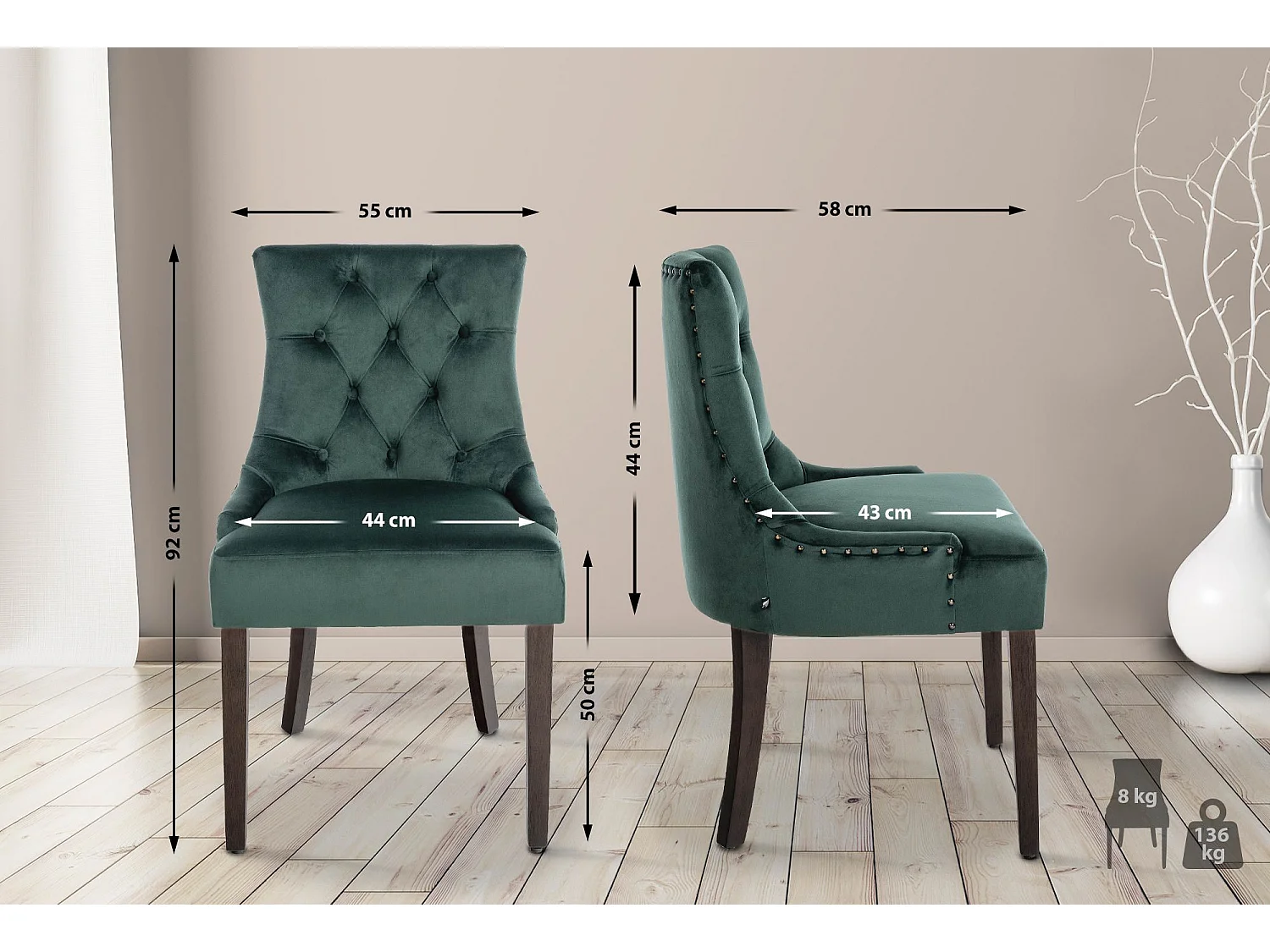 Lot de 4  chaise salle à manger - Velours & Antique - Vert foncé - Aberdeen