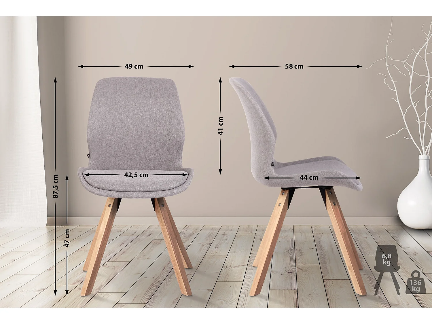 chaise salle à manger - Tissu - Gris - Luna