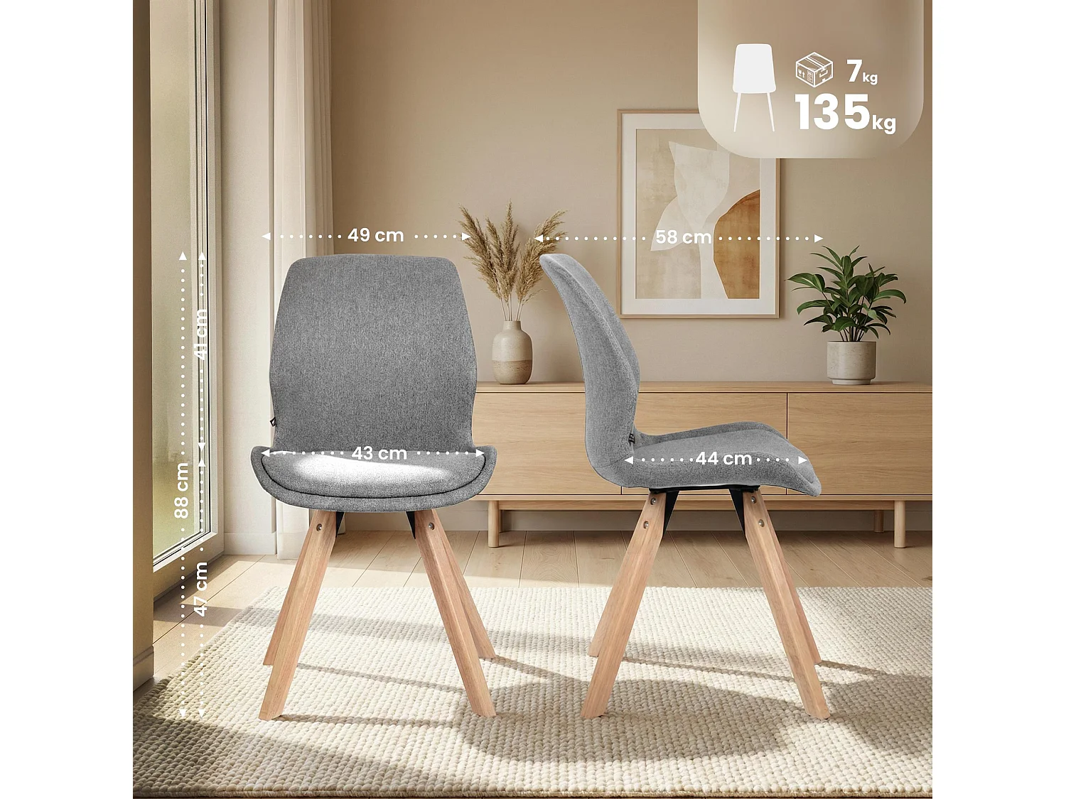 chaise salle à manger - Tissu - Gris - Luna
