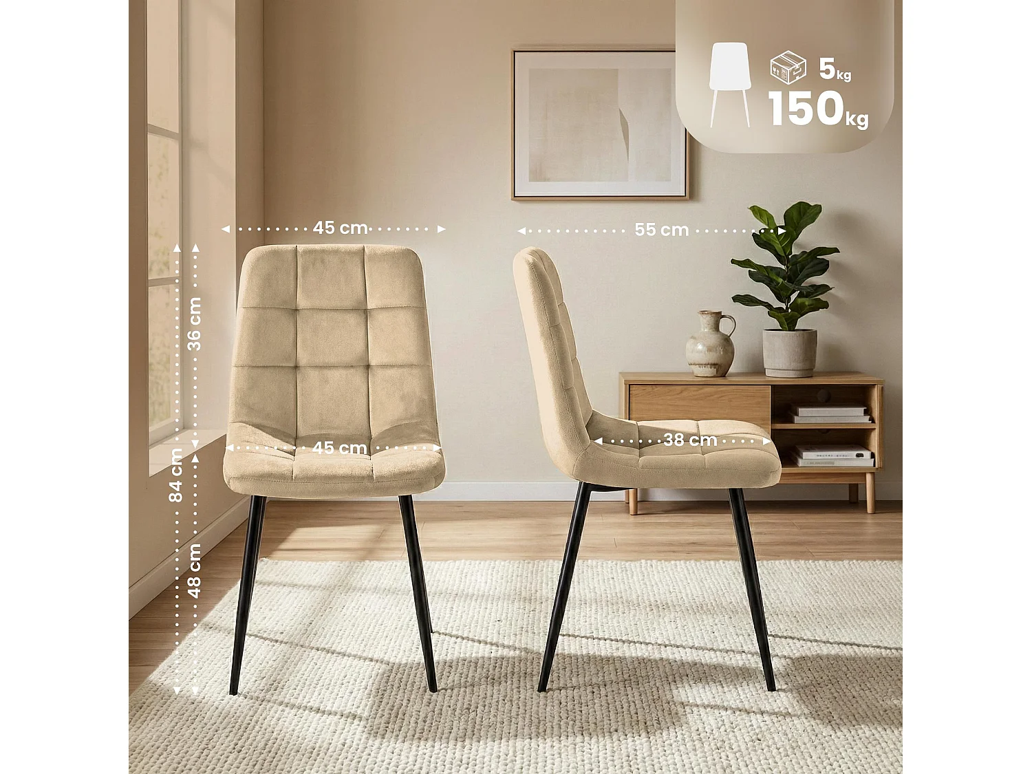 Lot de 4  chaise salle à manger - Velours - Crème - Antibes