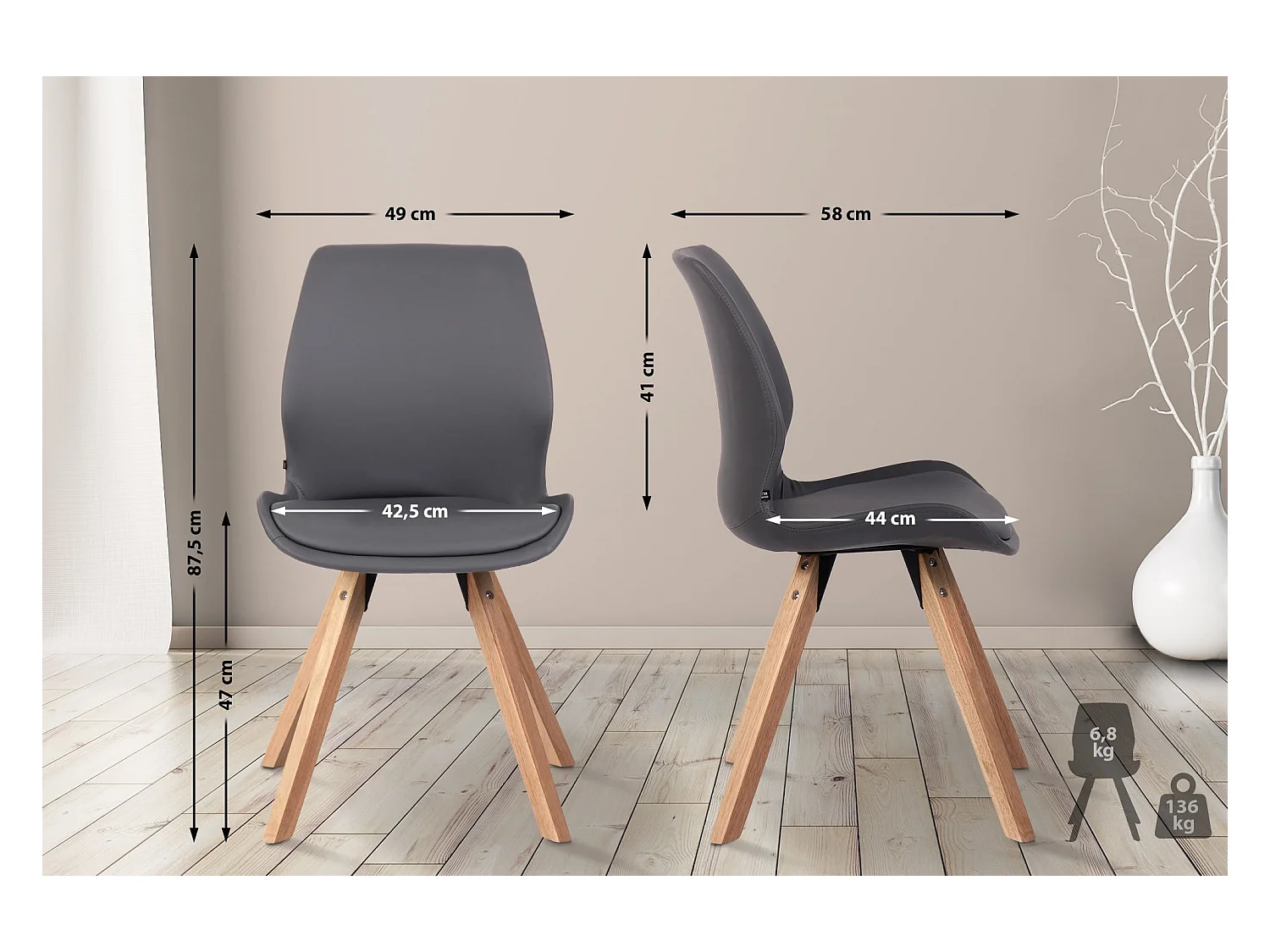 2er Set Esszimmerstuhl - Kunstleder - grau - Luna