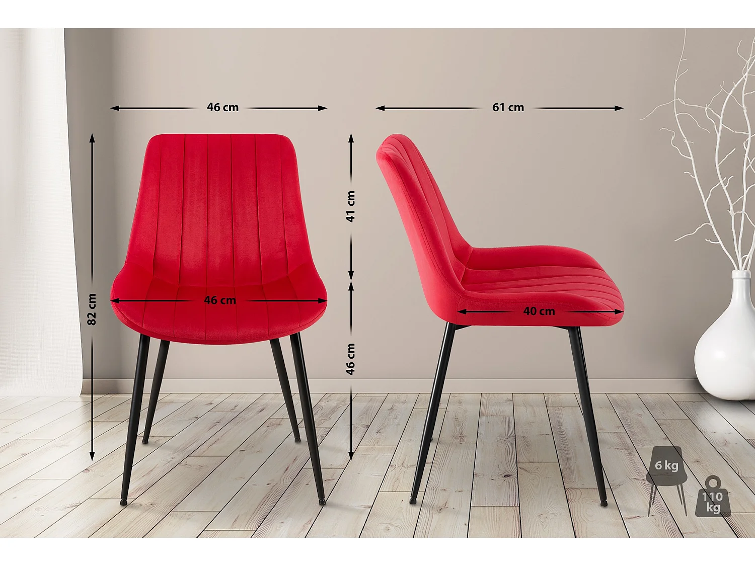 Lot de 2  chaise salle à manger - Velours - Rouge - Rahden