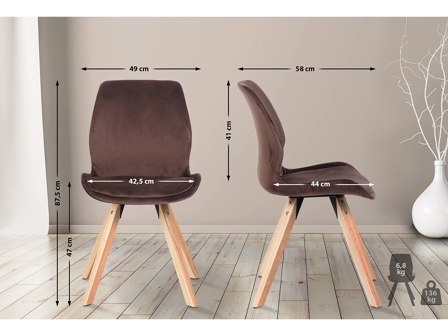 chaise salle à manger - Velours - Marron - Luna