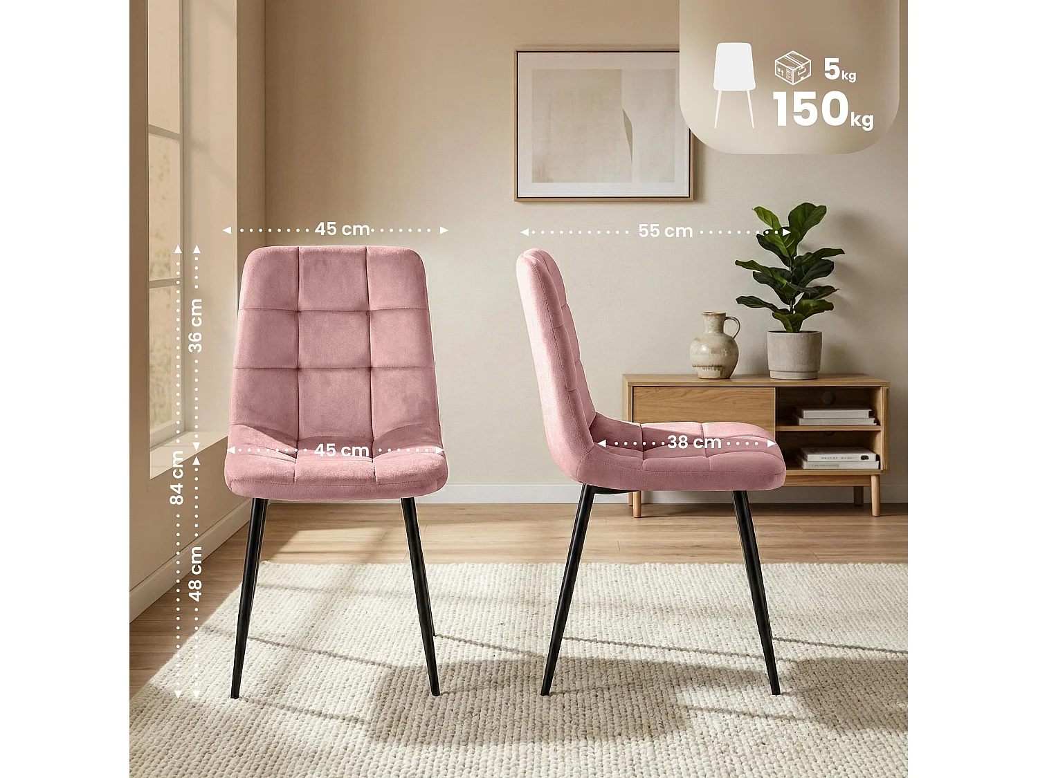 Lot de 4  chaise salle à manger - Velours - Rose - Antibes