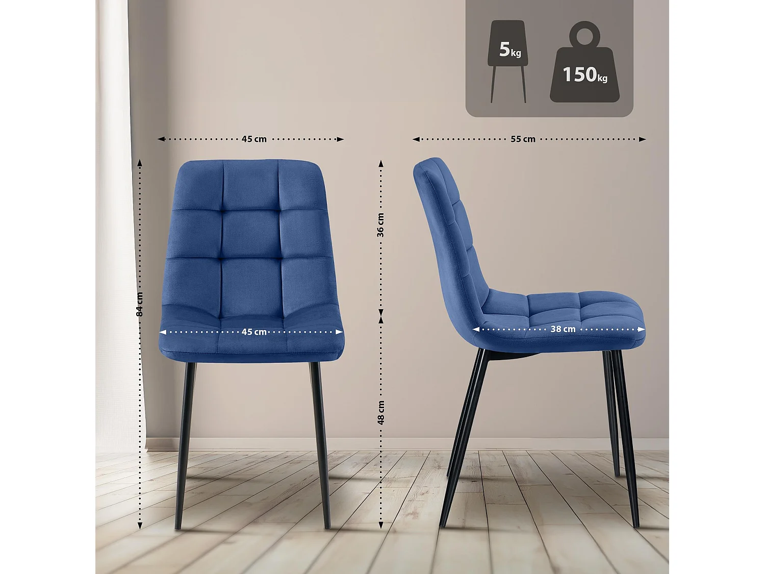 Set van 4  Eetkamerstoelen - Fluweel - blauw - Antibes