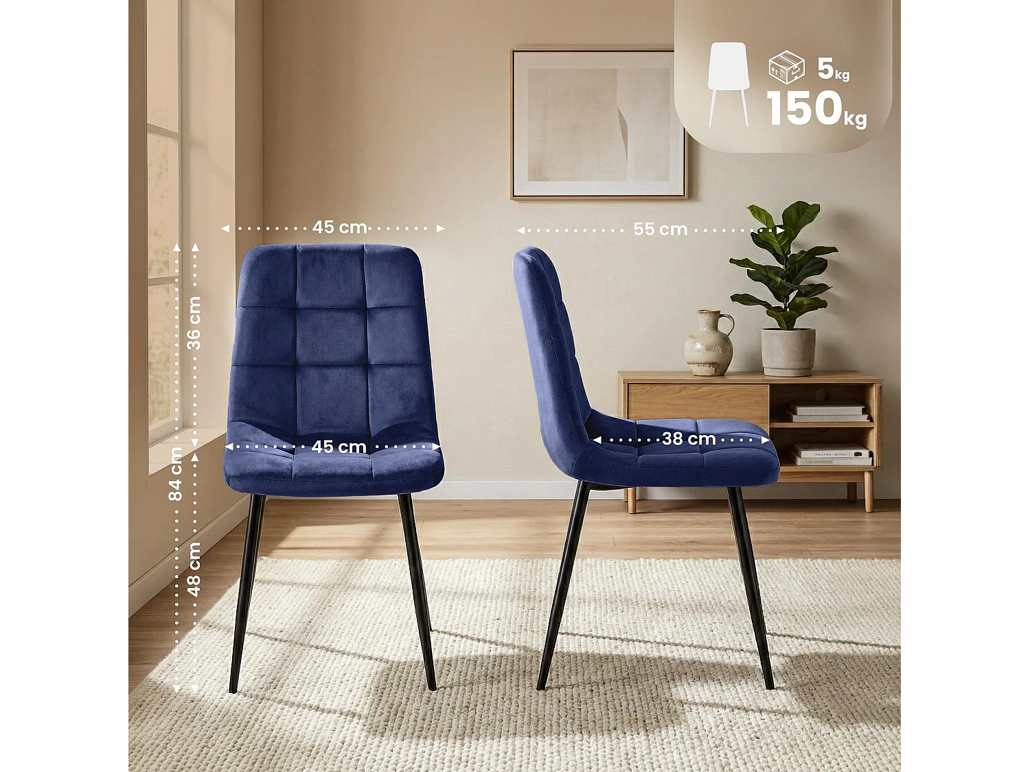 Set van 4  Eetkamerstoelen - Fluweel - blauw - Antibes