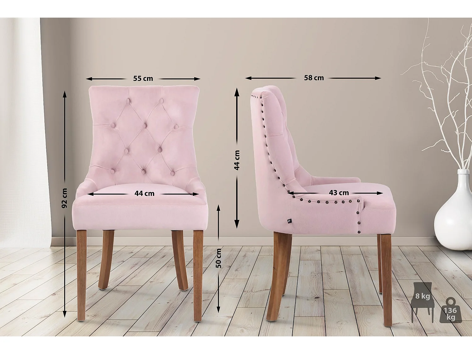 chaise salle à manger - Velours & Antique clair - Rose - Aberdeen