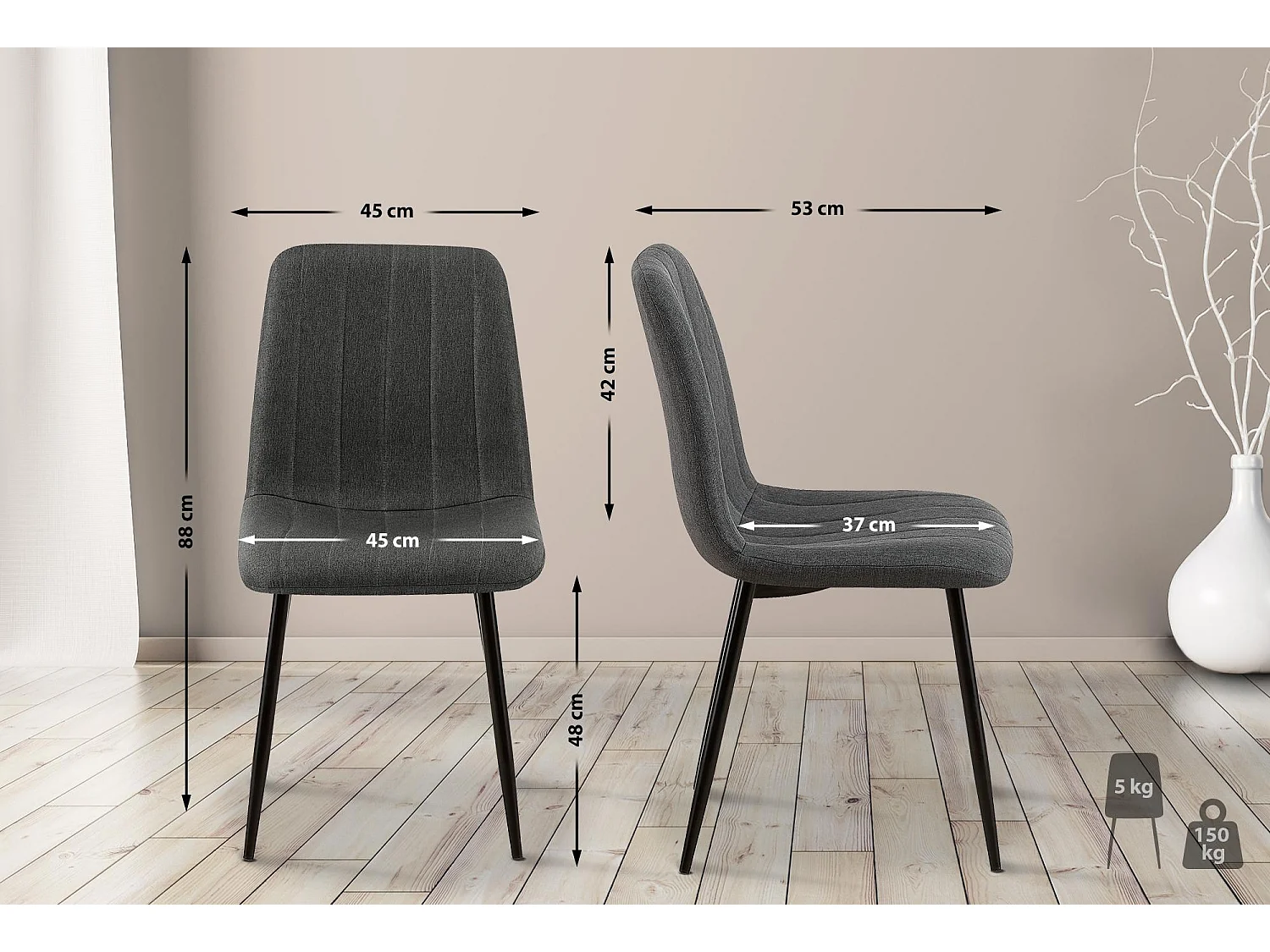 Lot de 4  chaise salle à manger - Tissu - Gris foncé - Dijon