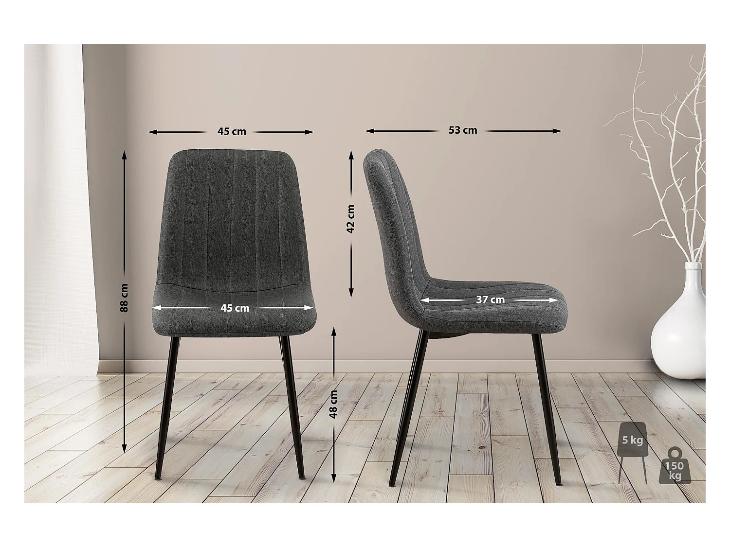 Lot de 4  chaise salle à manger - Tissu - Gris foncé - Dijon