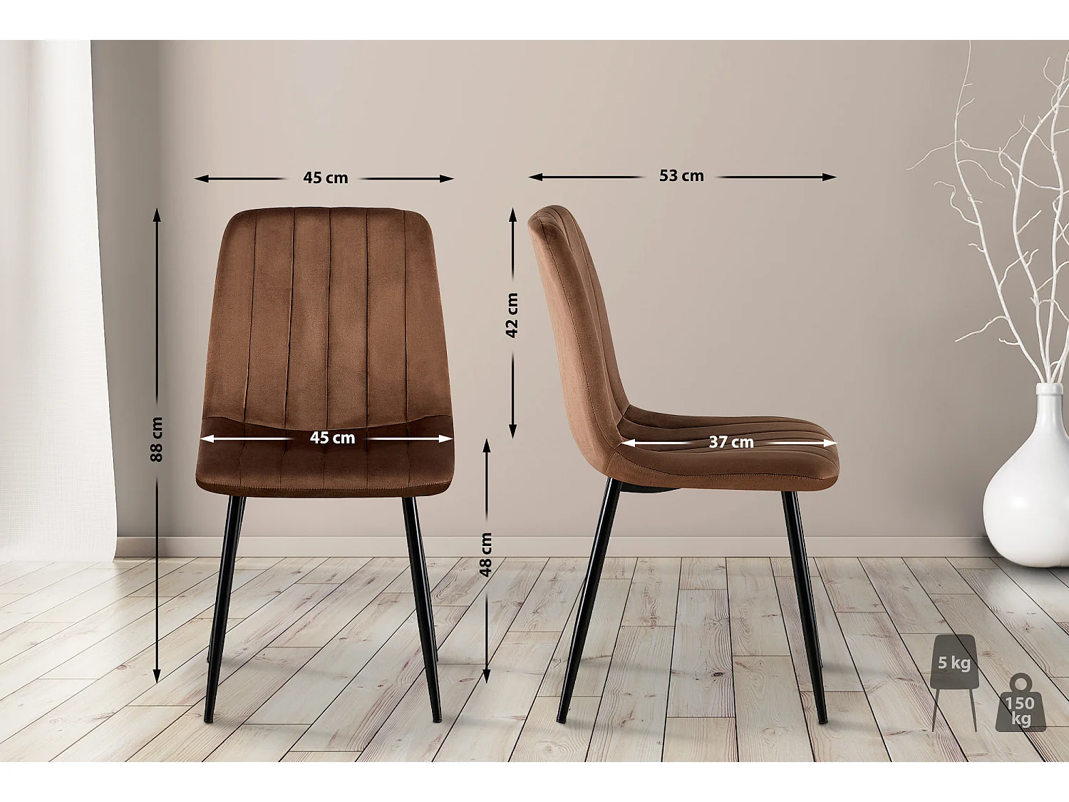 Lot de 4  chaise salle à manger - Velours - Marron - Dijon