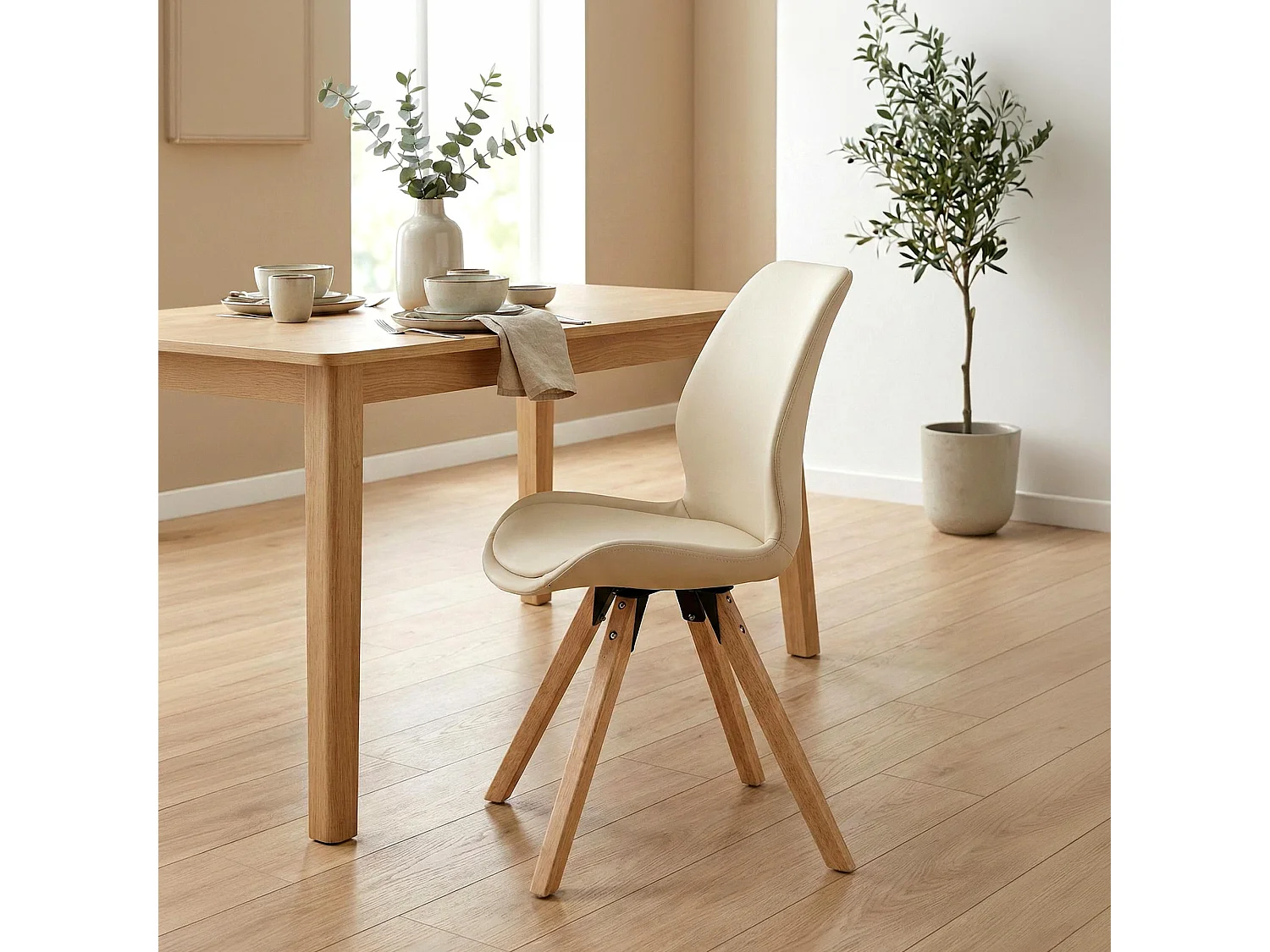 Lot de 4  chaise salle à manger - Similicuir - Crème - Luna