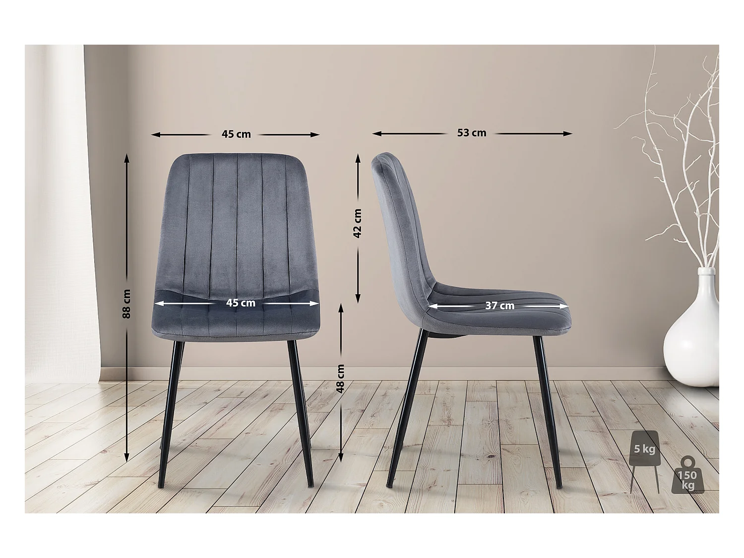 Lot de 4  chaise salle à manger - Velours - Gris foncé - Dijon