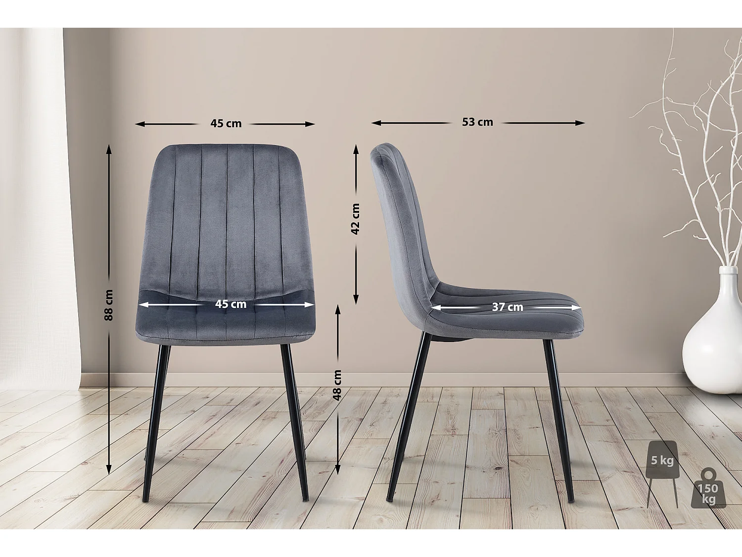 Lot de 4  chaise salle à manger - Velours - Gris foncé - Dijon