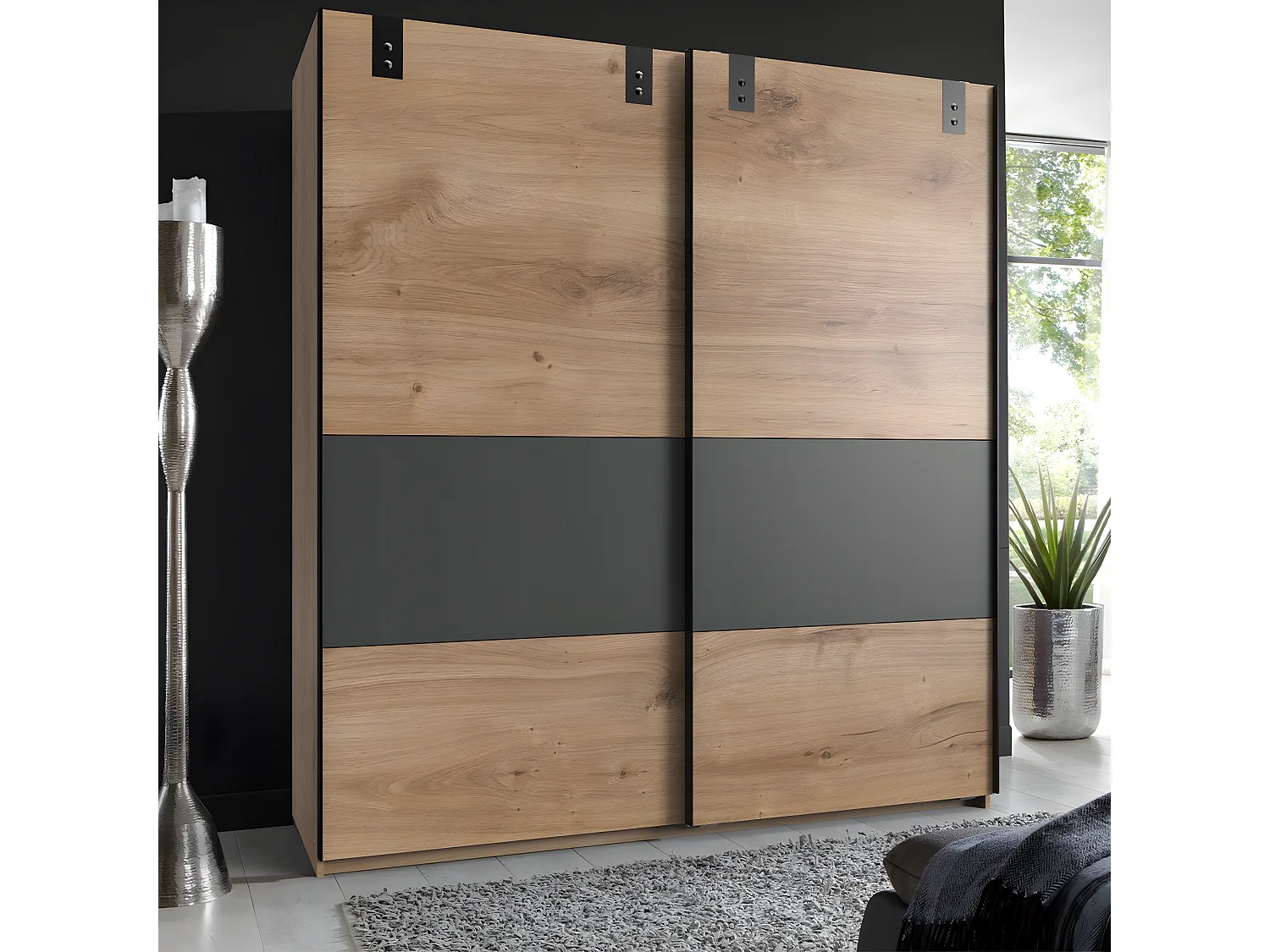 Armoire 2 portes coulissantes avec insert coloris graphite - L180 cm