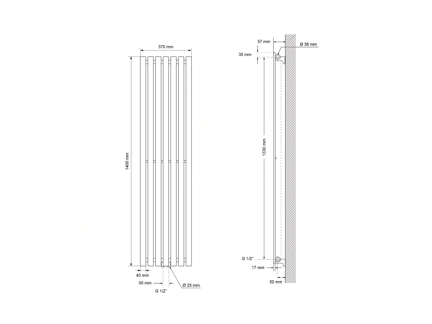 Radiatore di design Stella Radiatore a pannello Radiatore bianco 370x1400 mm