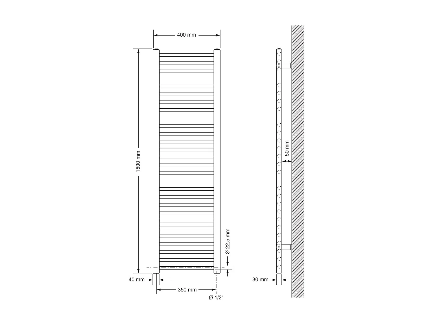 Radiateur de salle de bain Raccord latéral Noir 40x150cm Thermoplongeur 900W Digital