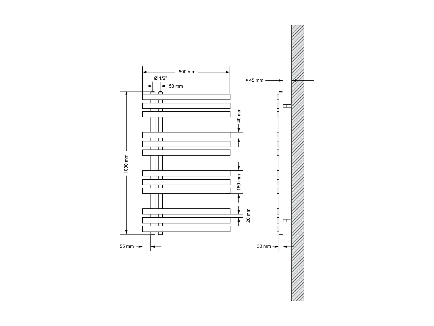 Radiatore Iron EM Radiatore per asciugamani Radiatore per bagno Bianco 600x1000 mm