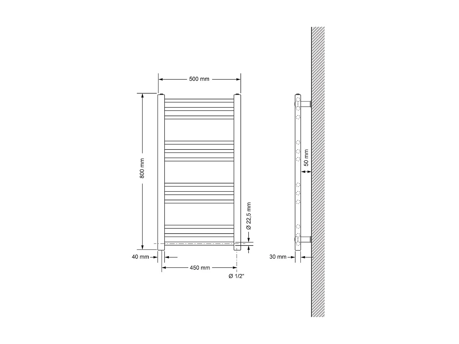 Radiateur de salle de bain Sahara Raccord latéral chauffe-serviettes Chrome 500x800 mm