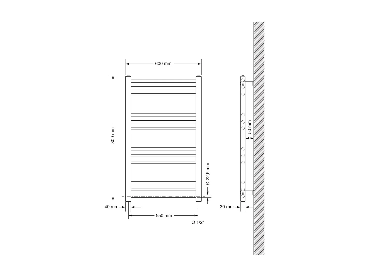 Radiateur de salle de bain Raccord latéral Noir 60x80cm avec résistance 600 W