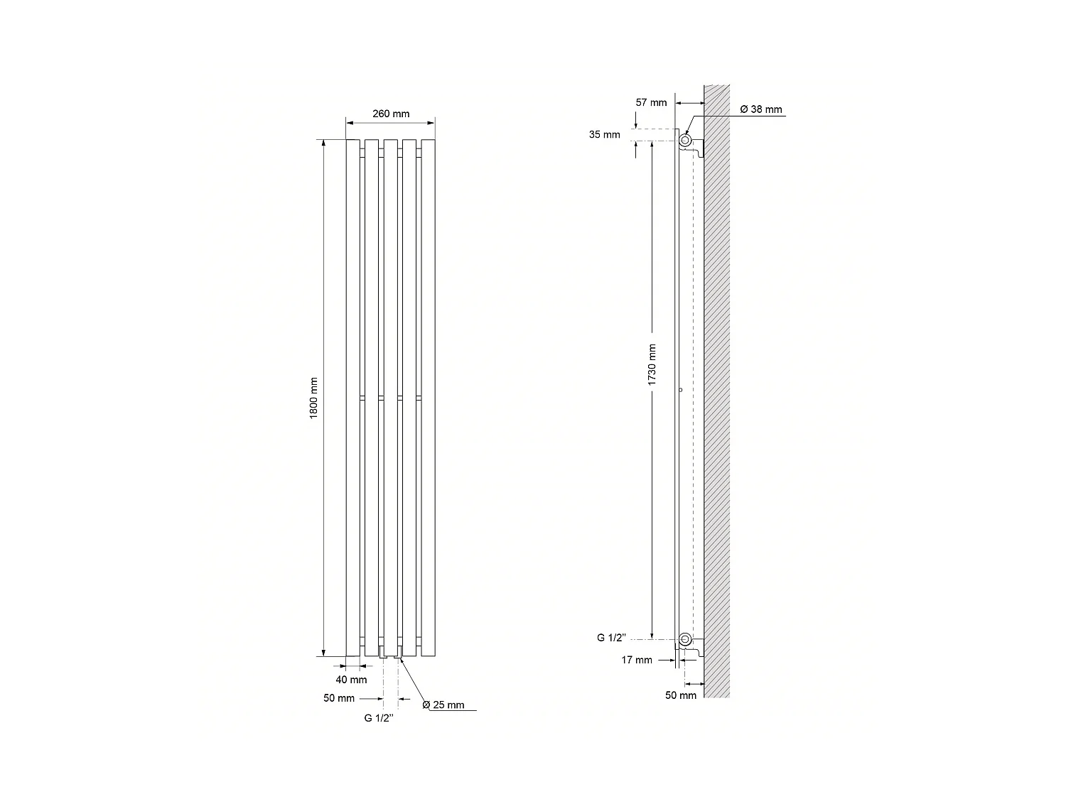 Radiateur design Stella Radiateur panneau Radiateur Blanc 260x1800 mm
