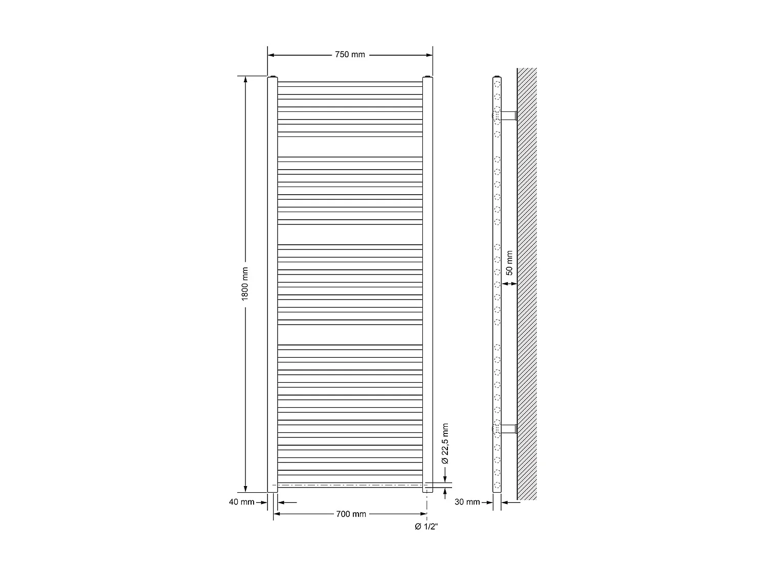 Radiateur de salle de bain Raccord latéral Noir 75x180cm avec résistance 1200W