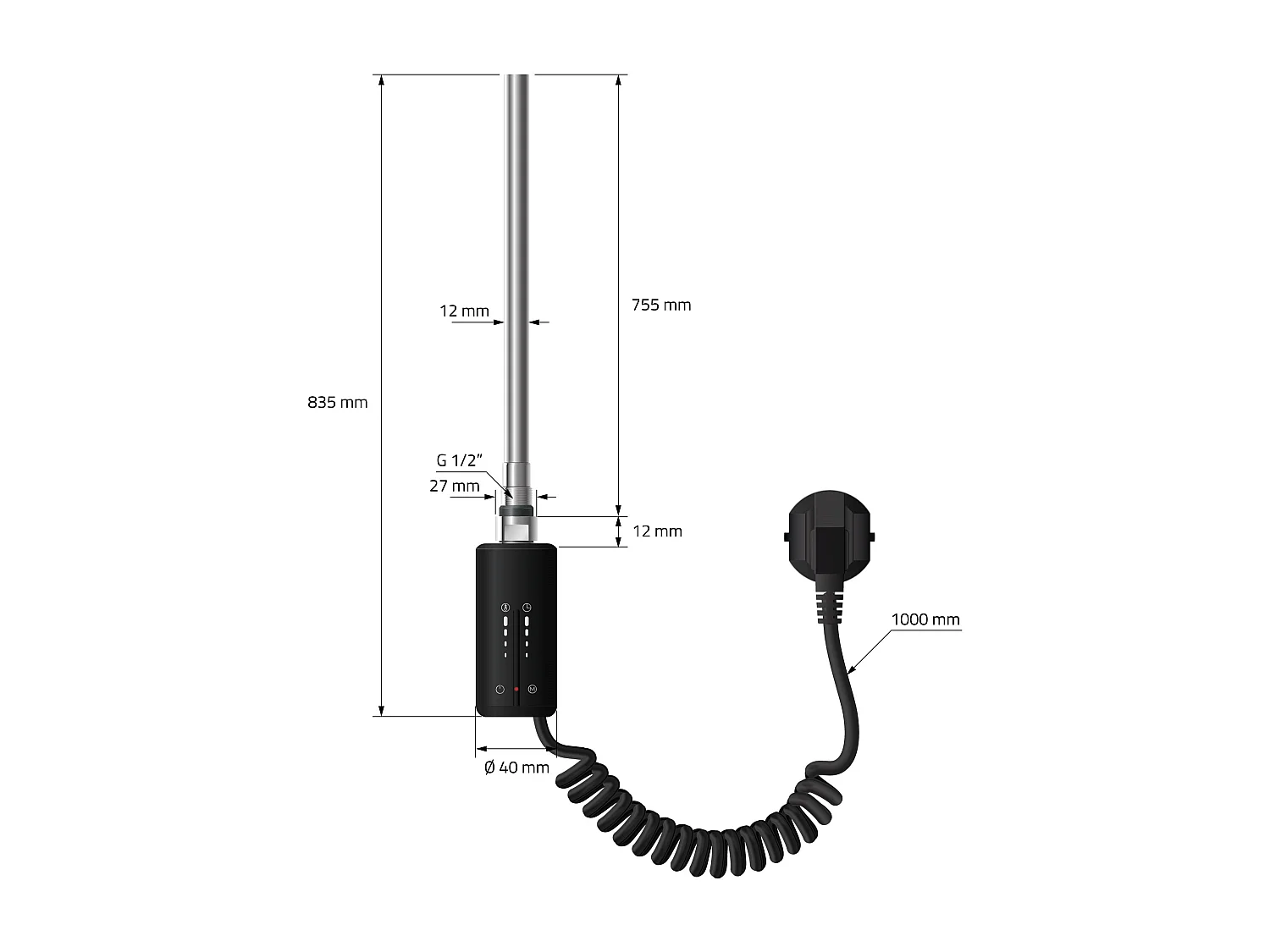 Radiateur de salle de bain Raccord latéral Noir 75x180cm avec résistance 1200W
