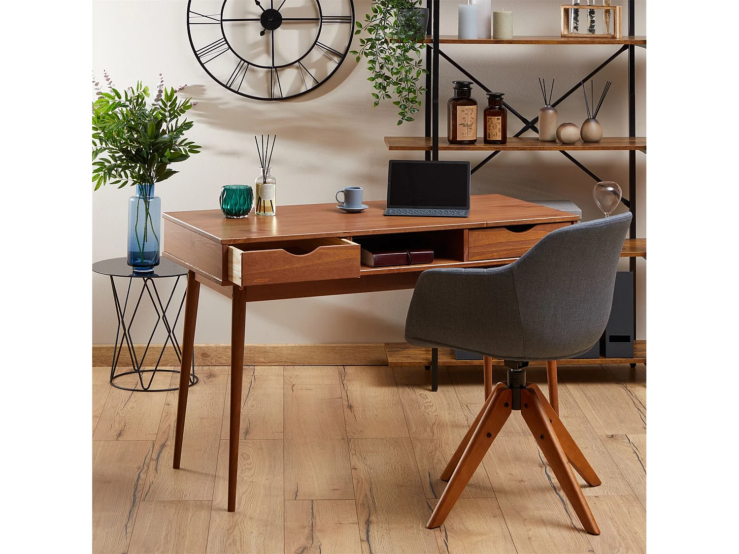 Bureau STEFANO en pin massif avec 2 tiroirs et 1 niche intégrée lasuré brun foncé