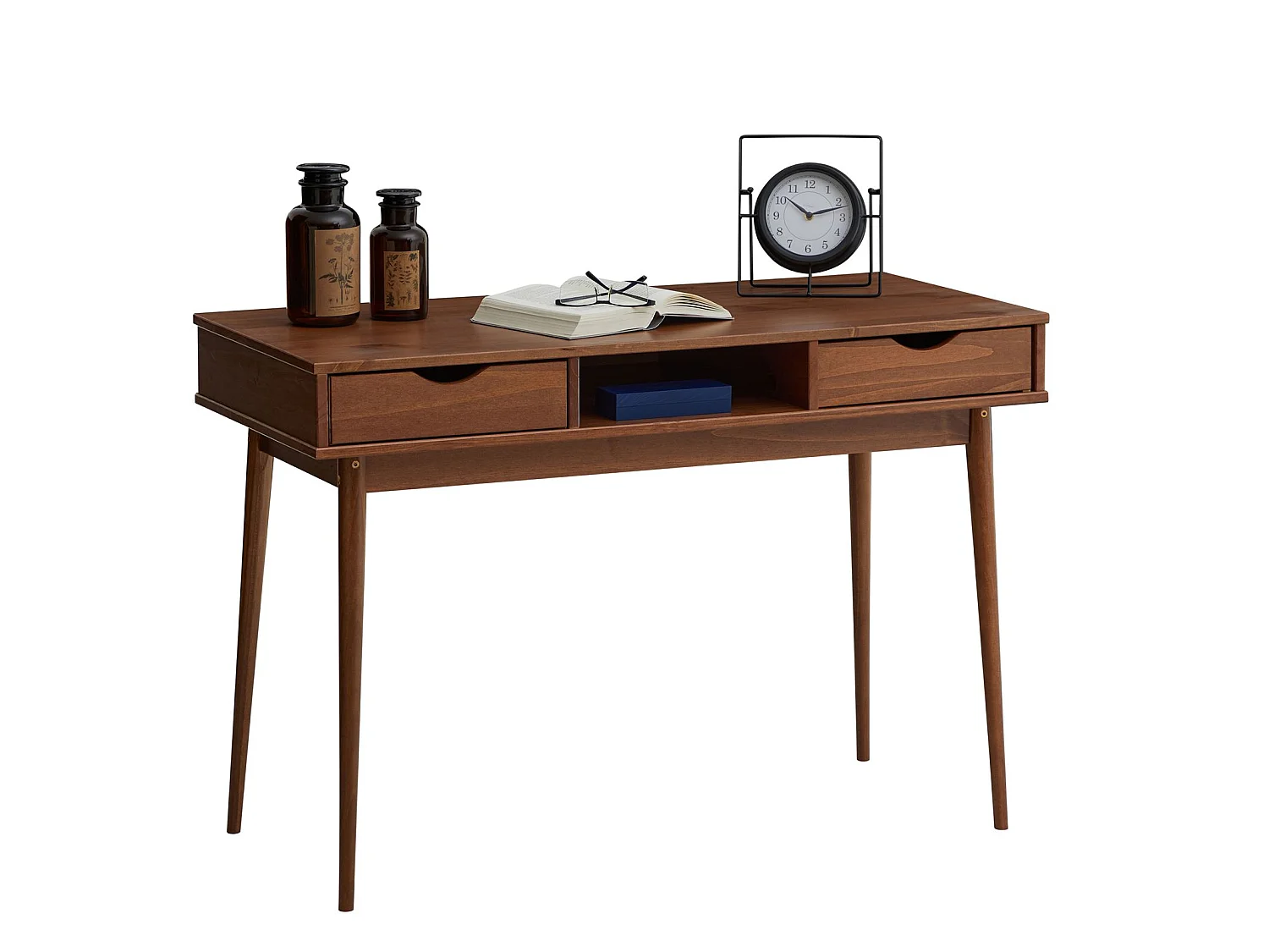 Bureau STEFANO en pin massif avec 2 tiroirs et 1 niche intégrée lasuré brun foncé