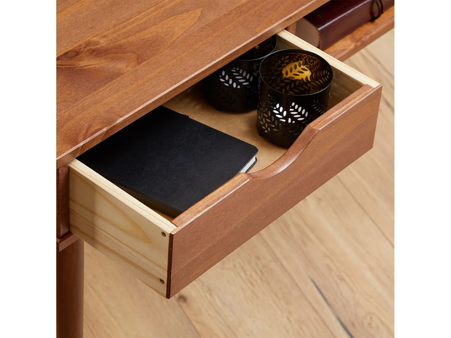 Bureau STEFANO en pin massif avec 2 tiroirs et 1 niche intégrée lasuré brun foncé