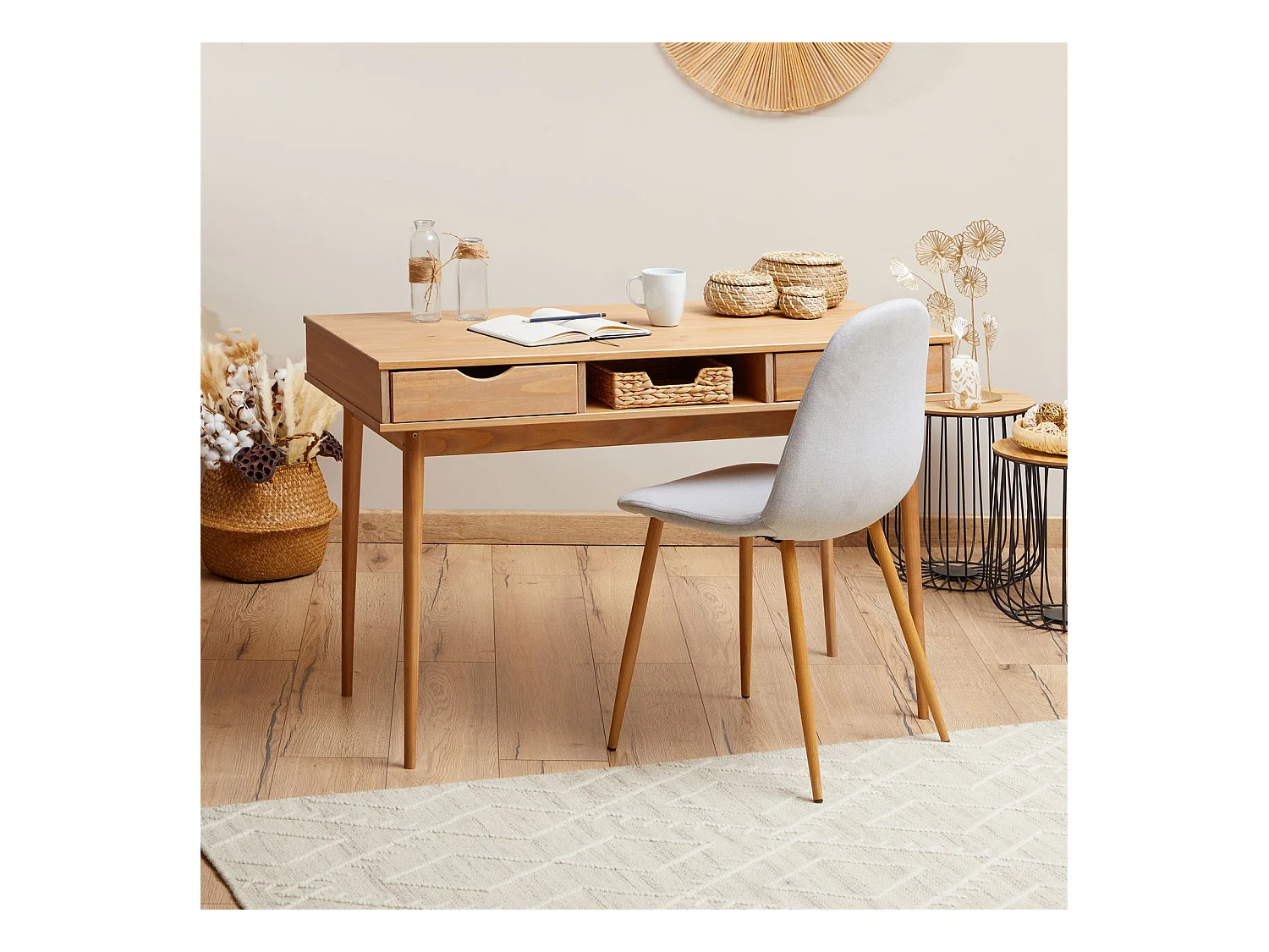 Bureau STEFANO en pin massif avec 2 tiroirs et 1 niche intégrée lasuré brun