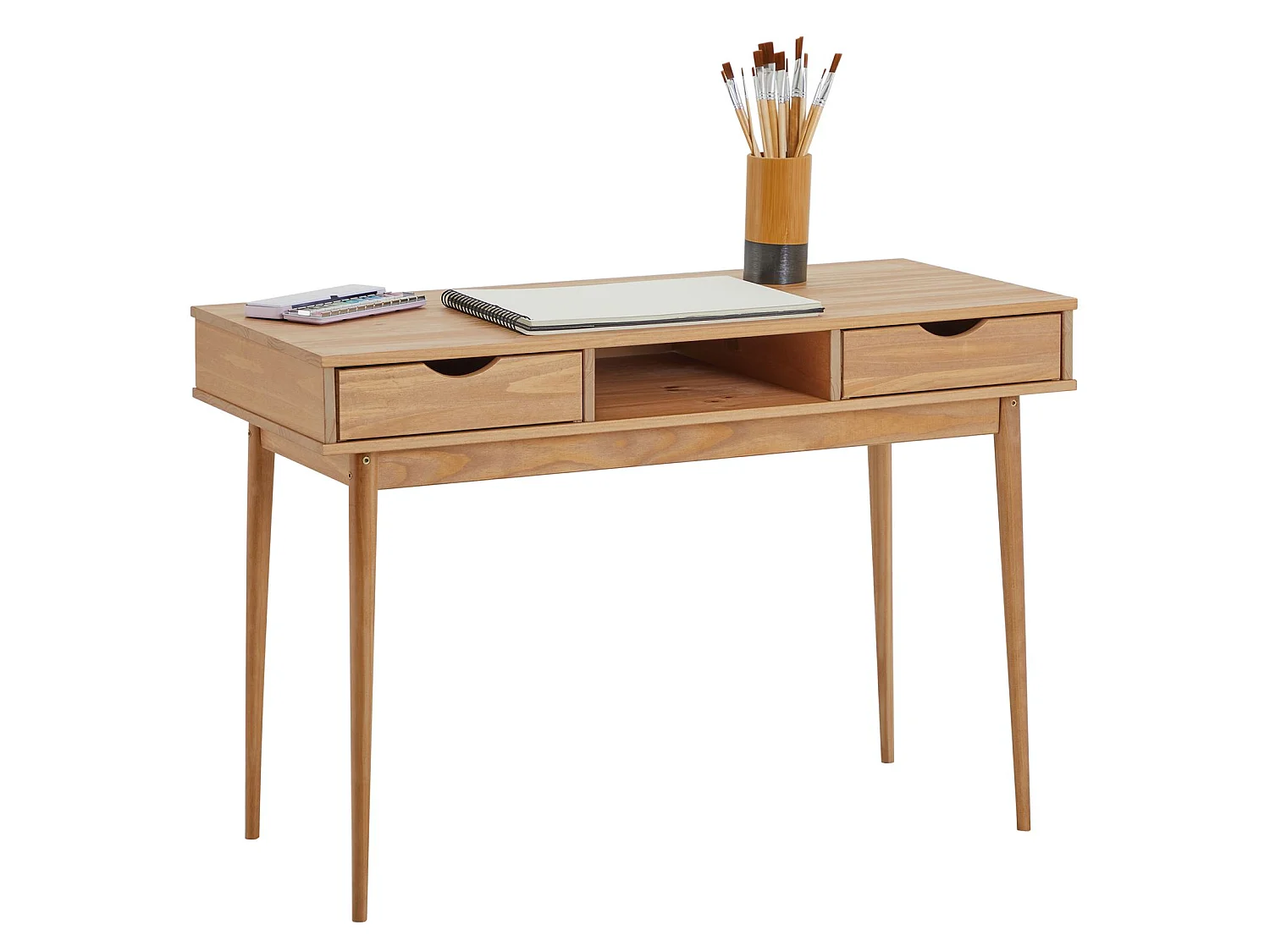 Bureau STEFANO en pin massif avec 2 tiroirs et 1 niche intégrée lasuré brun