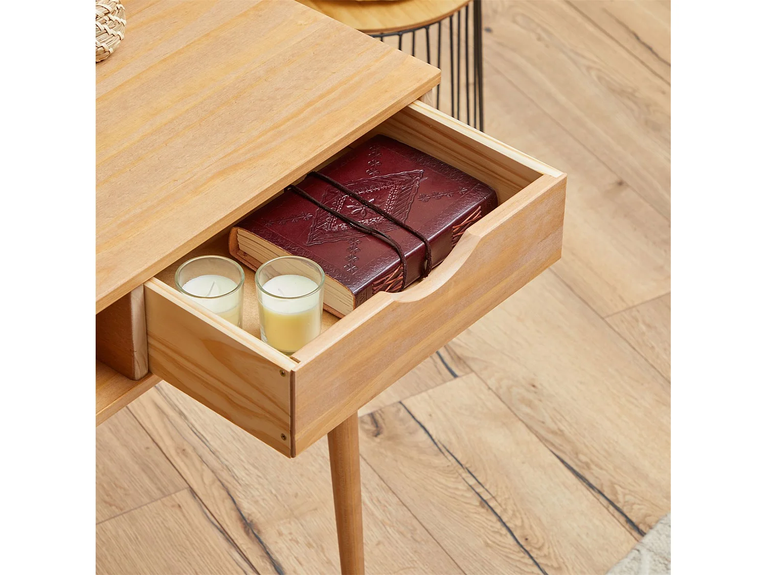 Bureau STEFANO en pin massif avec 2 tiroirs et 1 niche intégrée lasuré brun