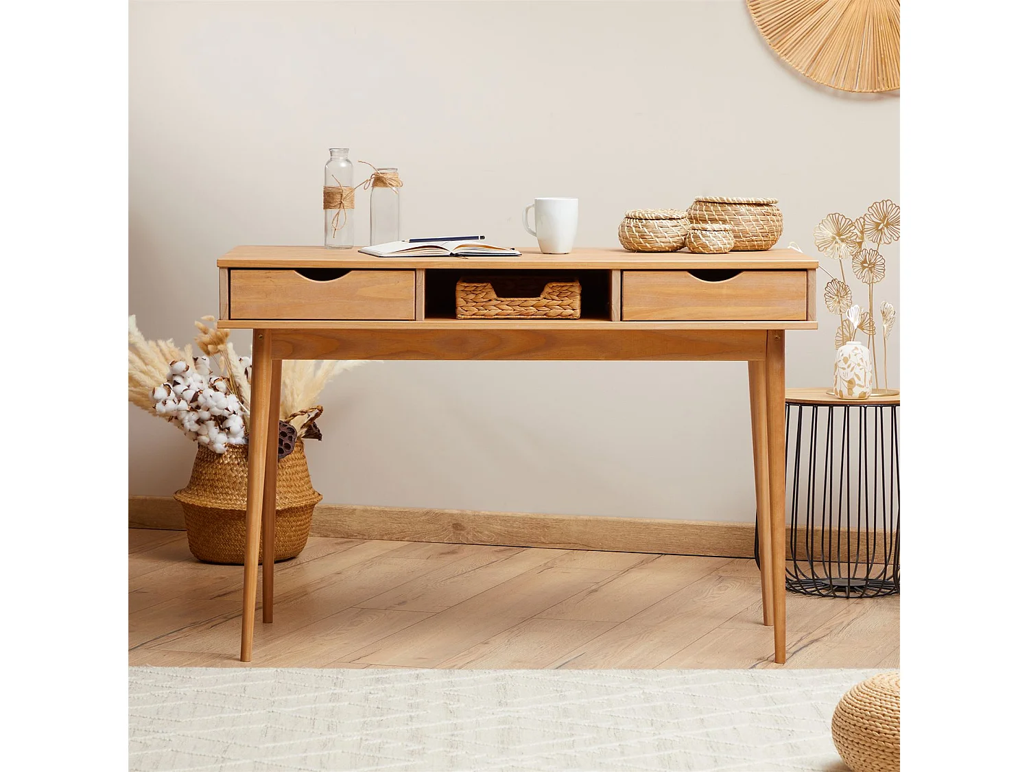 Bureau STEFANO en pin massif avec 2 tiroirs et 1 niche intégrée lasuré brun