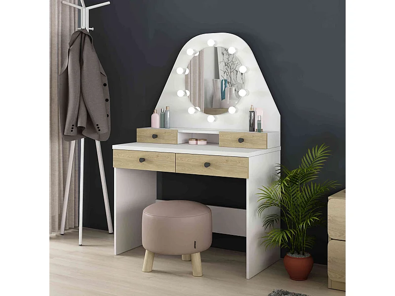 Coiffeuse enfant avec miroir en bois blanc et imitation chêne - CF9010