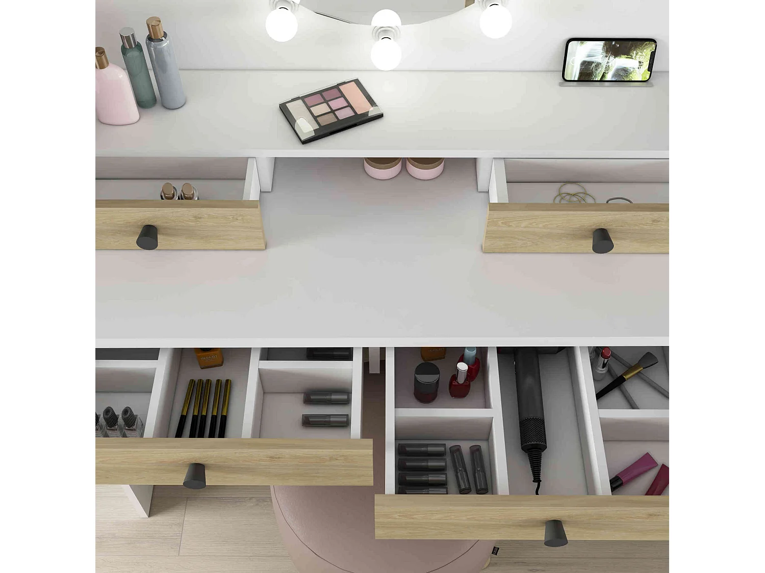 Coiffeuse enfant avec miroir en bois blanc et imitation chêne - CF9010