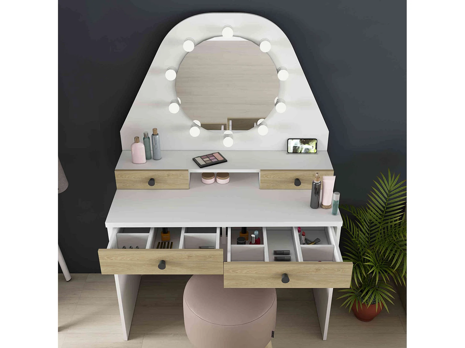 Coiffeuse enfant avec miroir en bois blanc et imitation chêne - CF9010